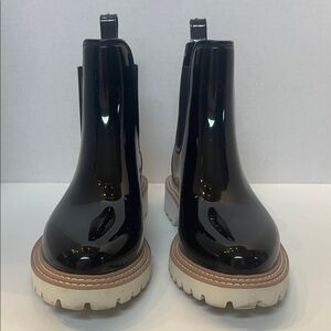 Dolce Vita Black Patent Chelsea Lug Boot with Tan Trim